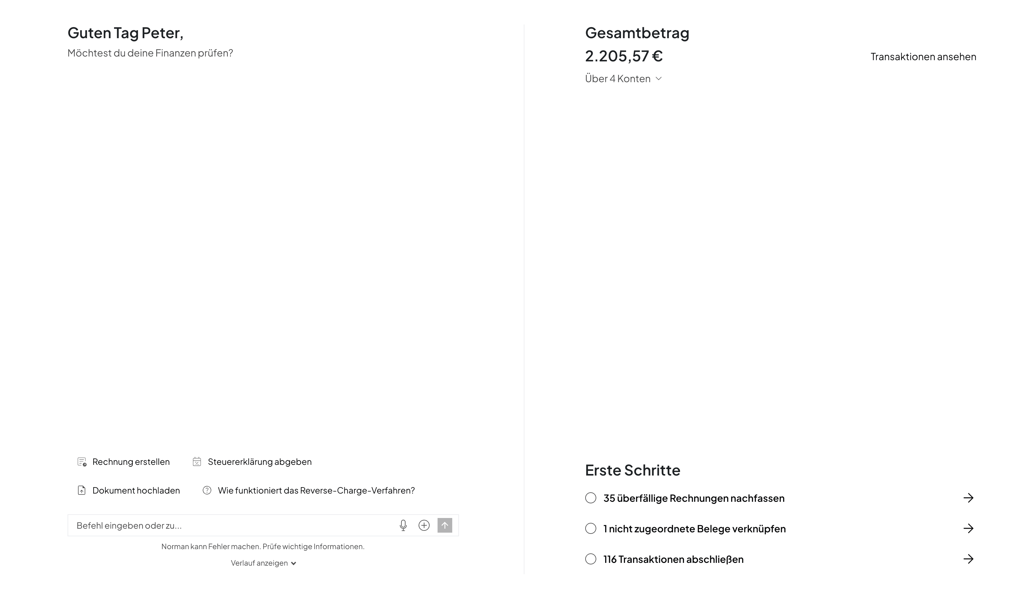 Norman-Startseite: KI-Assistent mit der Frage „Möchtest du deine Finanzen prüfen?“, Schnellaktionen für Rechnung erstellen und Steuererklärung abgeben sowie eine geführte Liste „Erste Schritte“ mit offenen Aufgaben