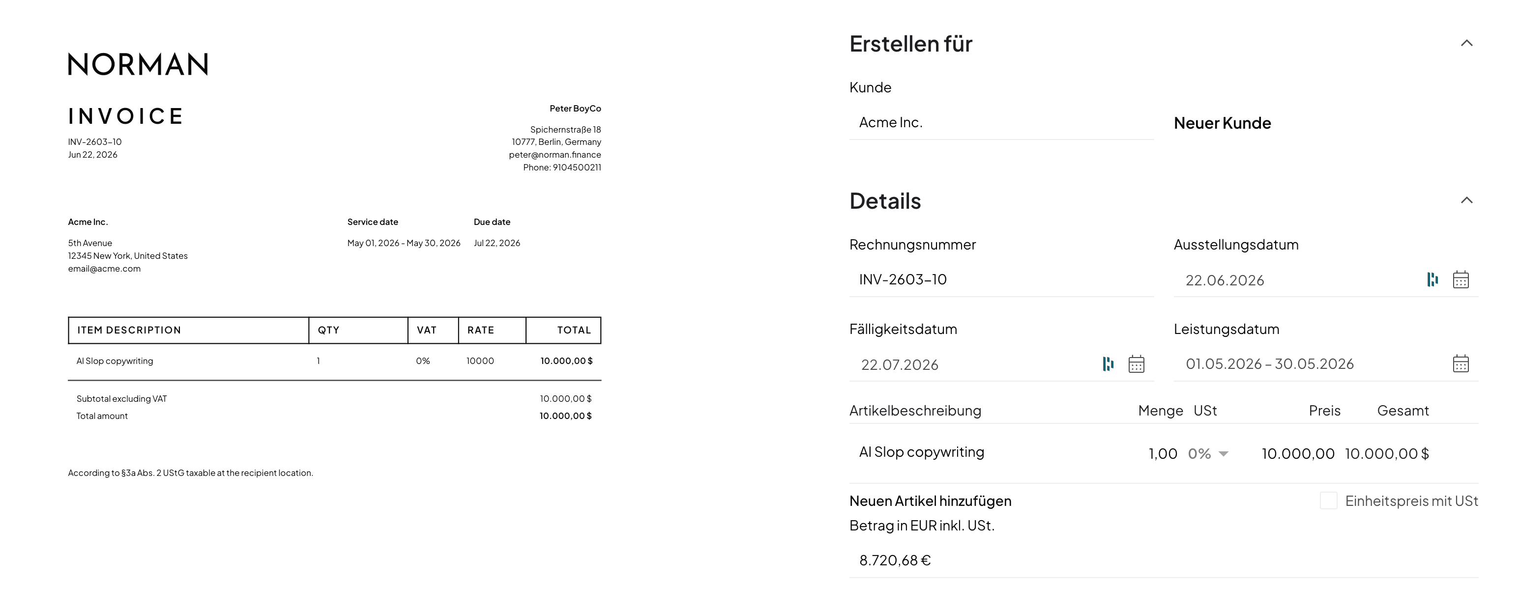Norman-Rechnungseditor mit einer Rechnung an einen US-Kunden: 0 % Umsatzsteuer, Betrag in US-Dollar und automatische Umrechnung in Euro.