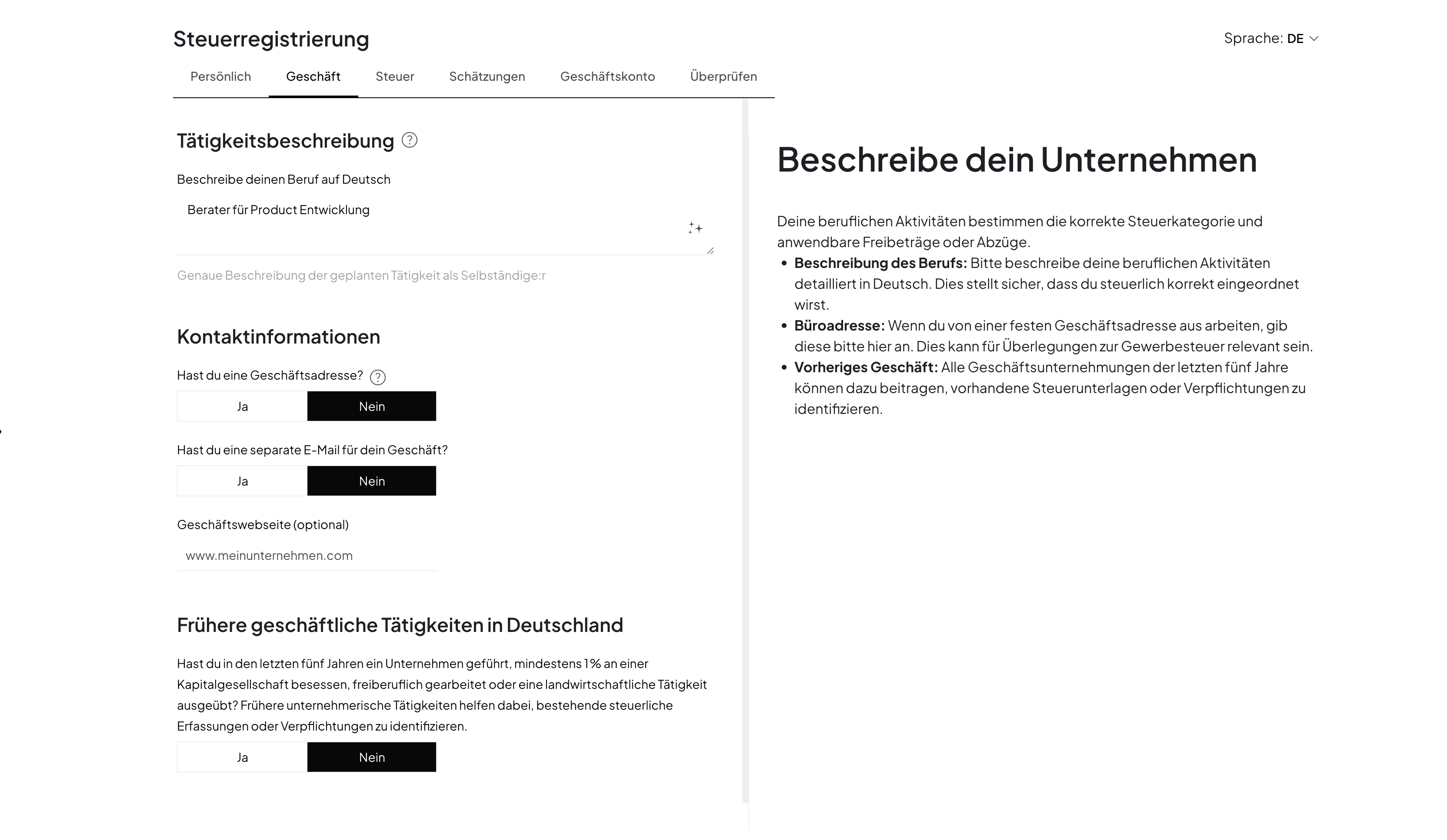 Norman's guided tax registration: the business-activity section of the Fragebogen zur steuerlichen Erfassung