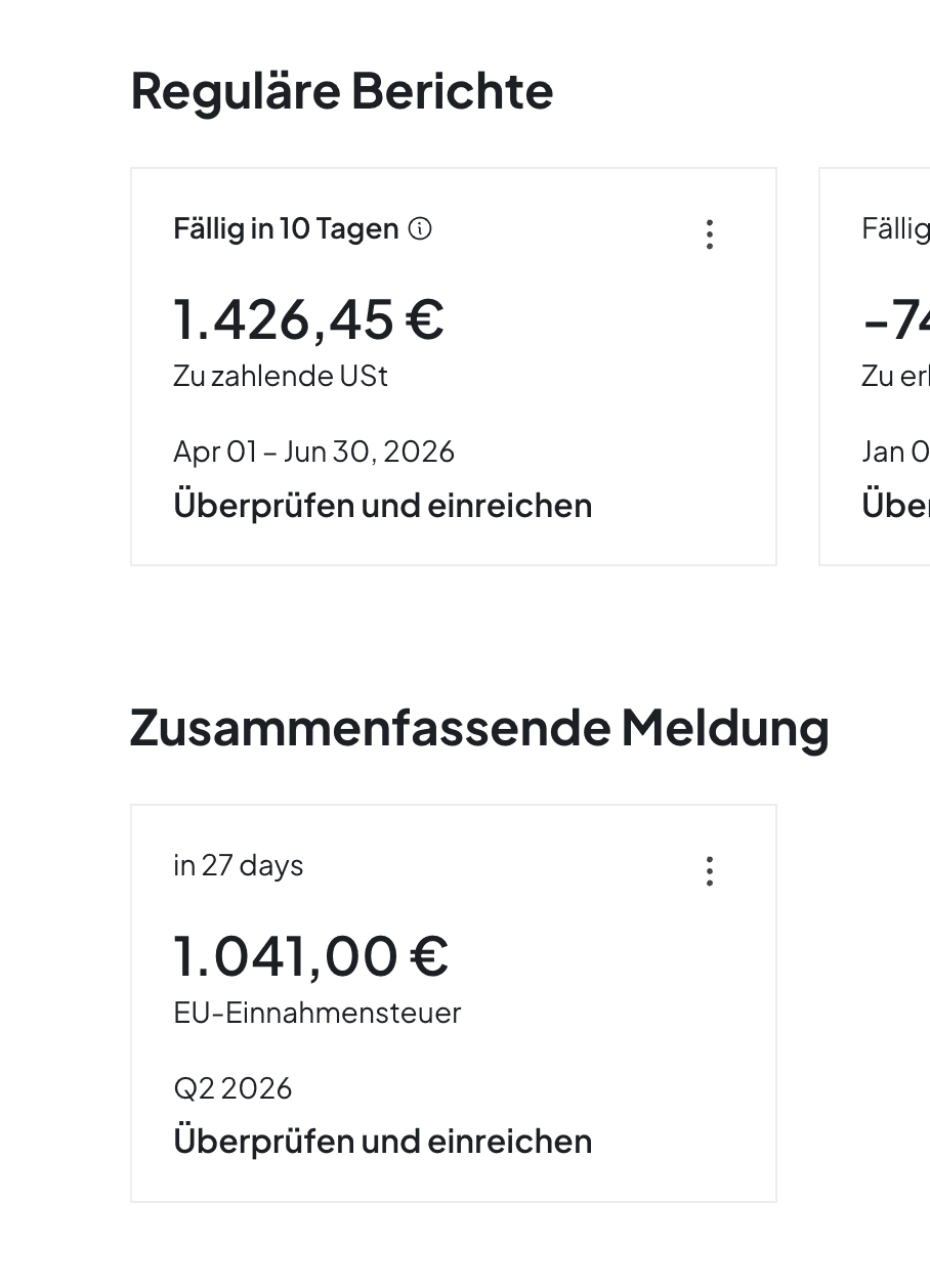 Norman-App: Fristen-Übersicht mit fälliger Umsatzsteuervoranmeldung und Zusammenfassender Meldung