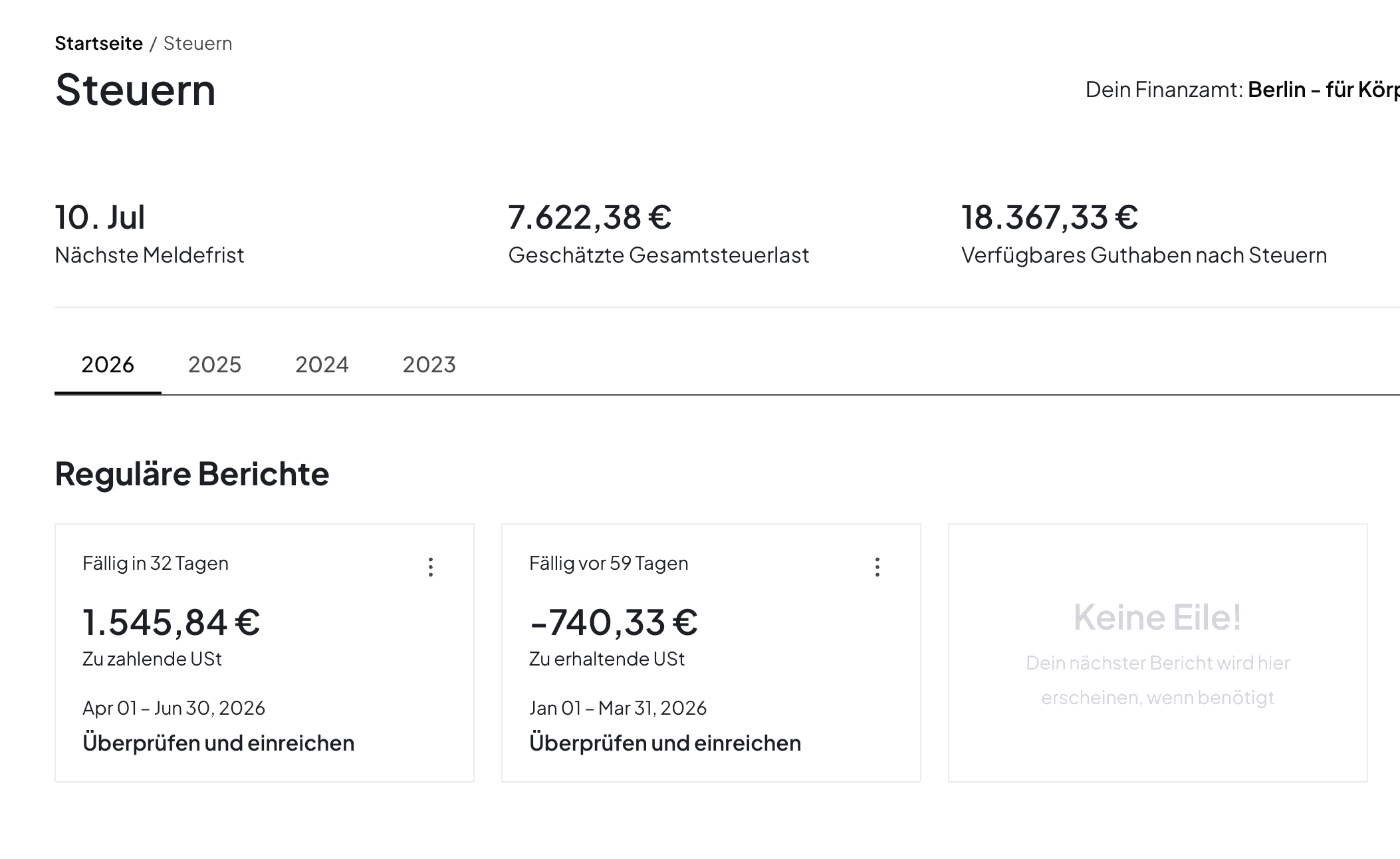 Norman-Steuer-Dashboard mit geschätzter Gesamtsteuerlast und verfügbarem Guthaben nach Steuern