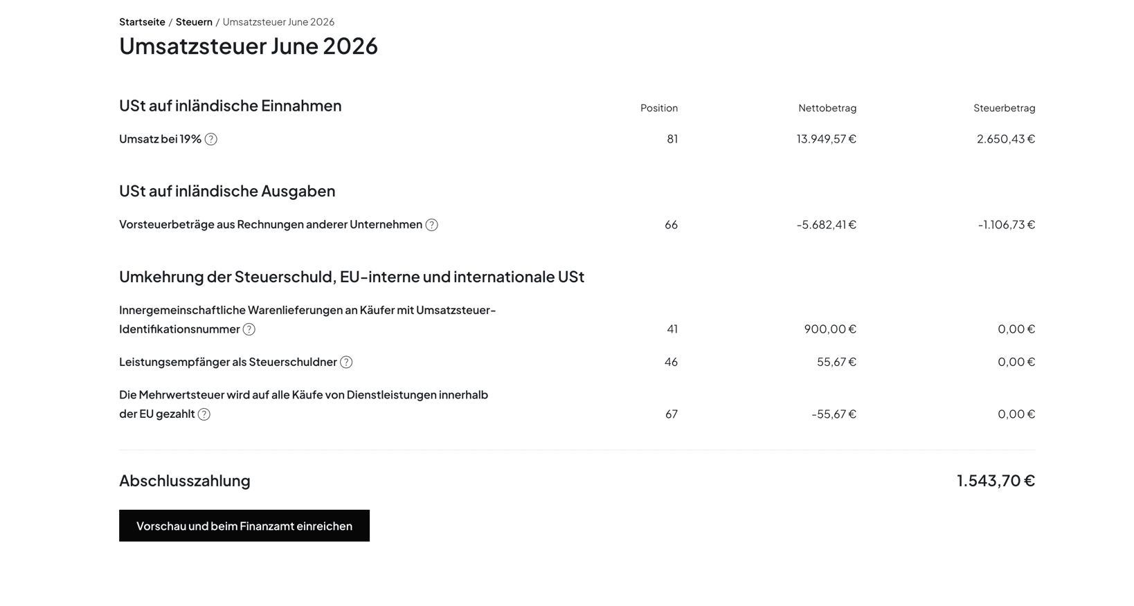 Norman interface showing an automatically generated VAT return with field codes 81 and 66 and the calculated final payment