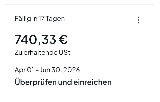Norman-Übersicht der UStVA mit einer zu erhaltenden Umsatzsteuer von 740,33 € für das Quartal April bis Juni 2026
