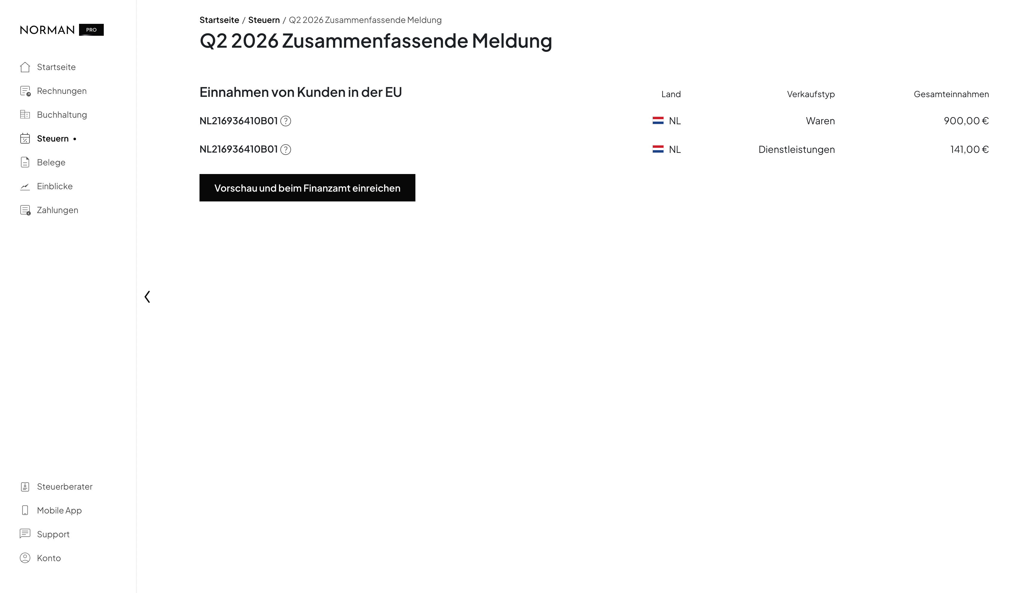 Norman-Ansicht der Zusammenfassenden Meldung für Q2 2026: automatisch erkannte EU-Einnahmen eines niederländischen Kunden, getrennt nach Waren (900,00 €) und Dienstleistungen (141,00 €), mit Button zur Einreichung beim Finanzamt.