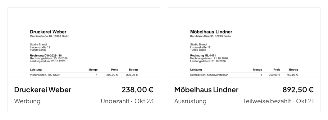 Zwei Belege unter Ausgaben in Norman, jeweils mit der Vorschau des Belegs: Druckerei Weber, 238,00 €, Werbung, Unbezahlt, 23. Oktober, und Möbelhaus Lindner, 892,50 €, Ausrüstung, Teilweise bezahlt, 21. Oktober