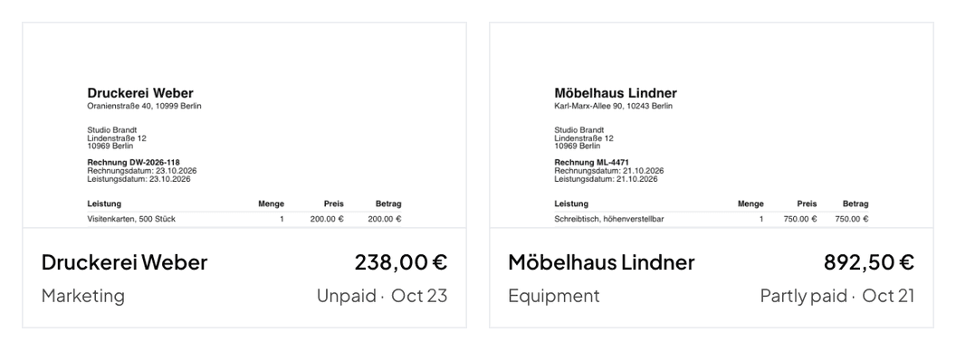 Two documents under Expenses in Norman, each with a preview of the document: Druckerei Weber, €238.00, Marketing, Unpaid, 23 October, and Möbelhaus Lindner, €892.50, Equipment, Partly paid, 21 October