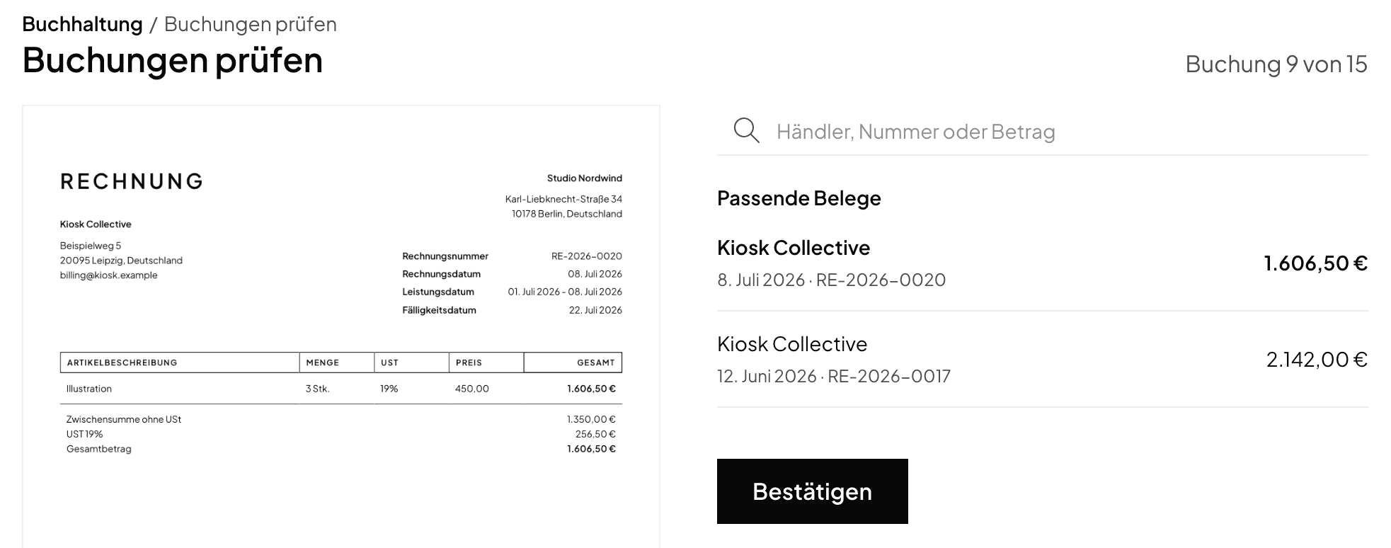 The Review bookings page in the German interface of Norman: on the left, the preview of an invoice to Kiosk Collective for €1,606.50; on the right, under Matching documents, two invoices to Kiosk Collective and the Confirm button