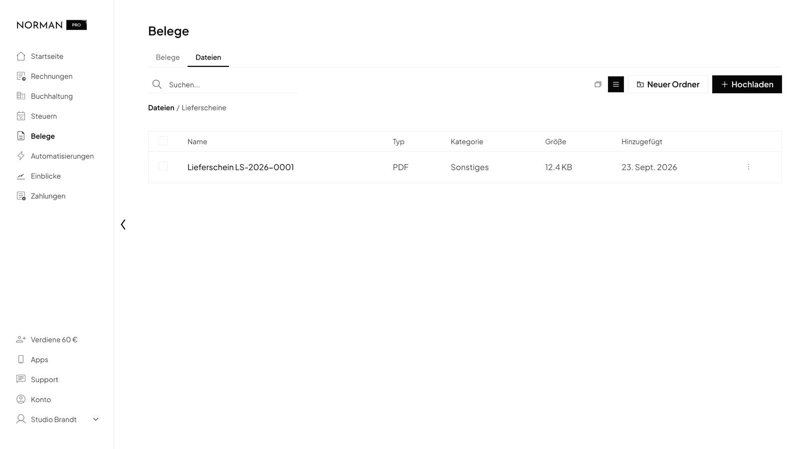 Documents in Norman, tab Files, in the folder Delivery notes with the filed delivery note LS-2026-0001, in the German interface