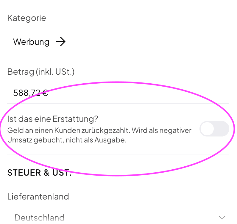 Transaction detail in Norman with the switch Is it a refund? below the amount, in the German interface