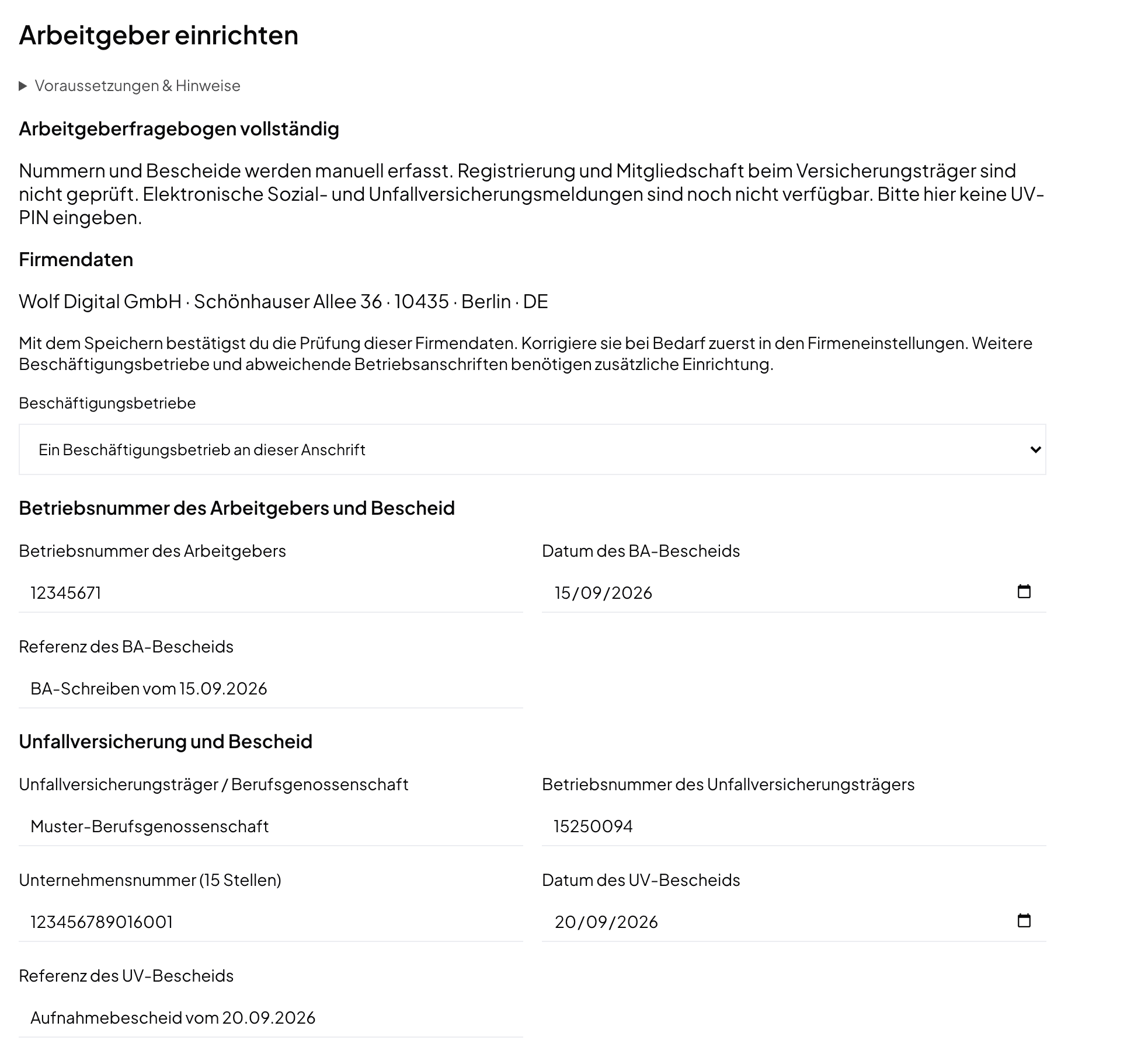 Tab Arbeitgeber der Gehaltsabrechnung mit Status, Firmendaten, Beschäftigungsbetrieb, Betriebsnummer und Unfallversicherung, ausgefüllt mit Beispieldaten