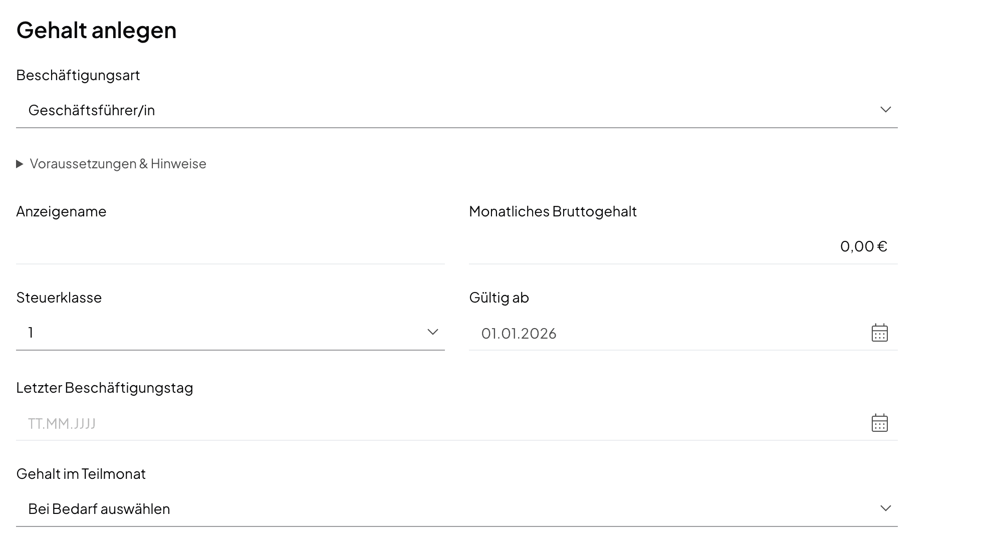 The Add salary form with employment kind, display name, monthly gross, tax class, valid from, last day of employment and partial-month salary, in the German interface