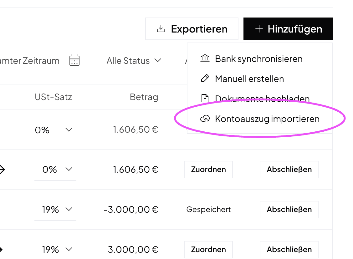 Norman menu with the Import statement option highlighted in the German interface