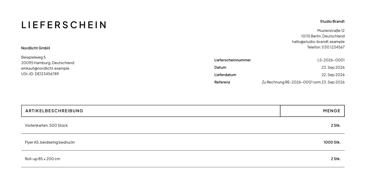 PDF of the German delivery note LS-2026-0001 with three lines and their quantities, without prices, and the row Referenz: Zu Rechnung RE-2026-0001 vom 23. Sep 2026