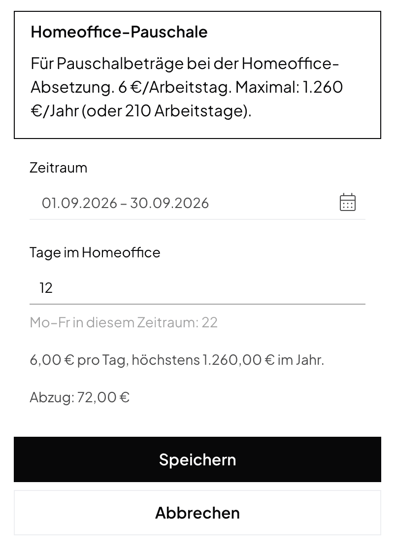 Home office flat rate details in Norman, in the German interface: period September 2026, 12 days worked from home, deduction 72.00 €