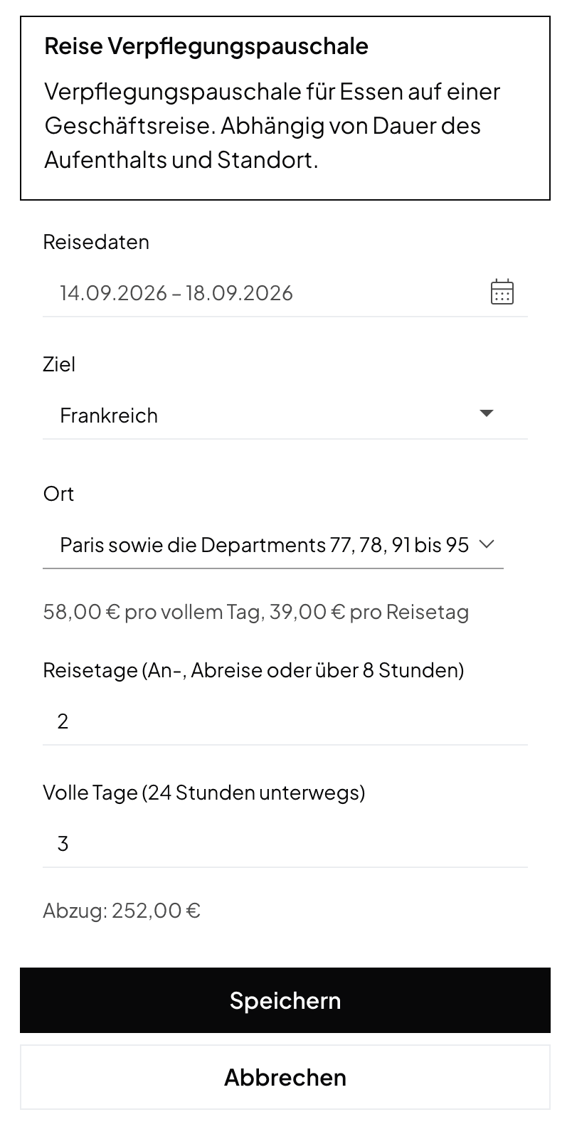 Travel meal allowance details in Norman, in the German interface: trip to Paris from 14 to 18 September 2026, 2 travel days and 3 full days, deduction 252.00 €