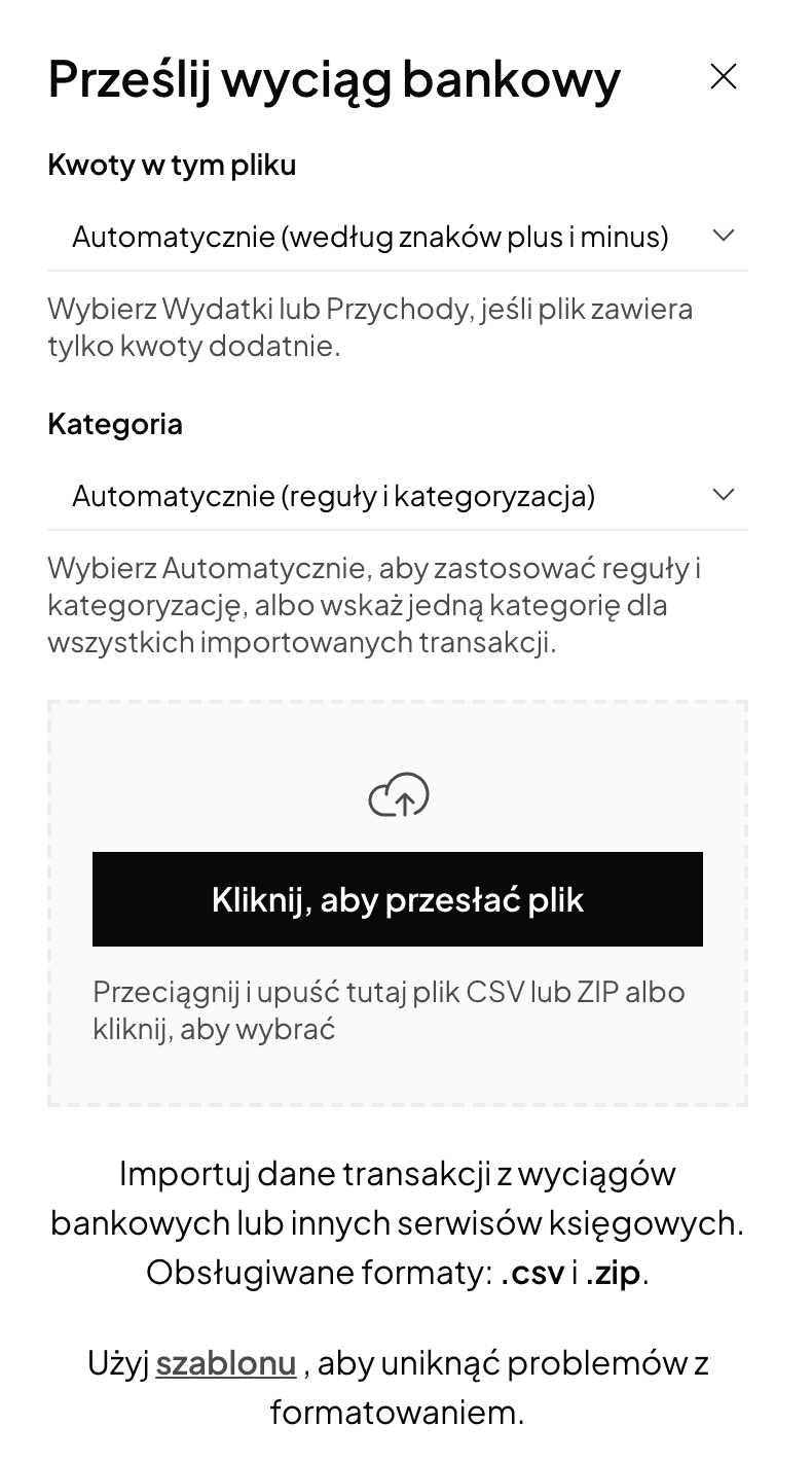 Панель загрузки банковской выписки: поля Суммы в этом файле и Категория в режиме Автоматически и область для загрузки файла CSV или ZIP