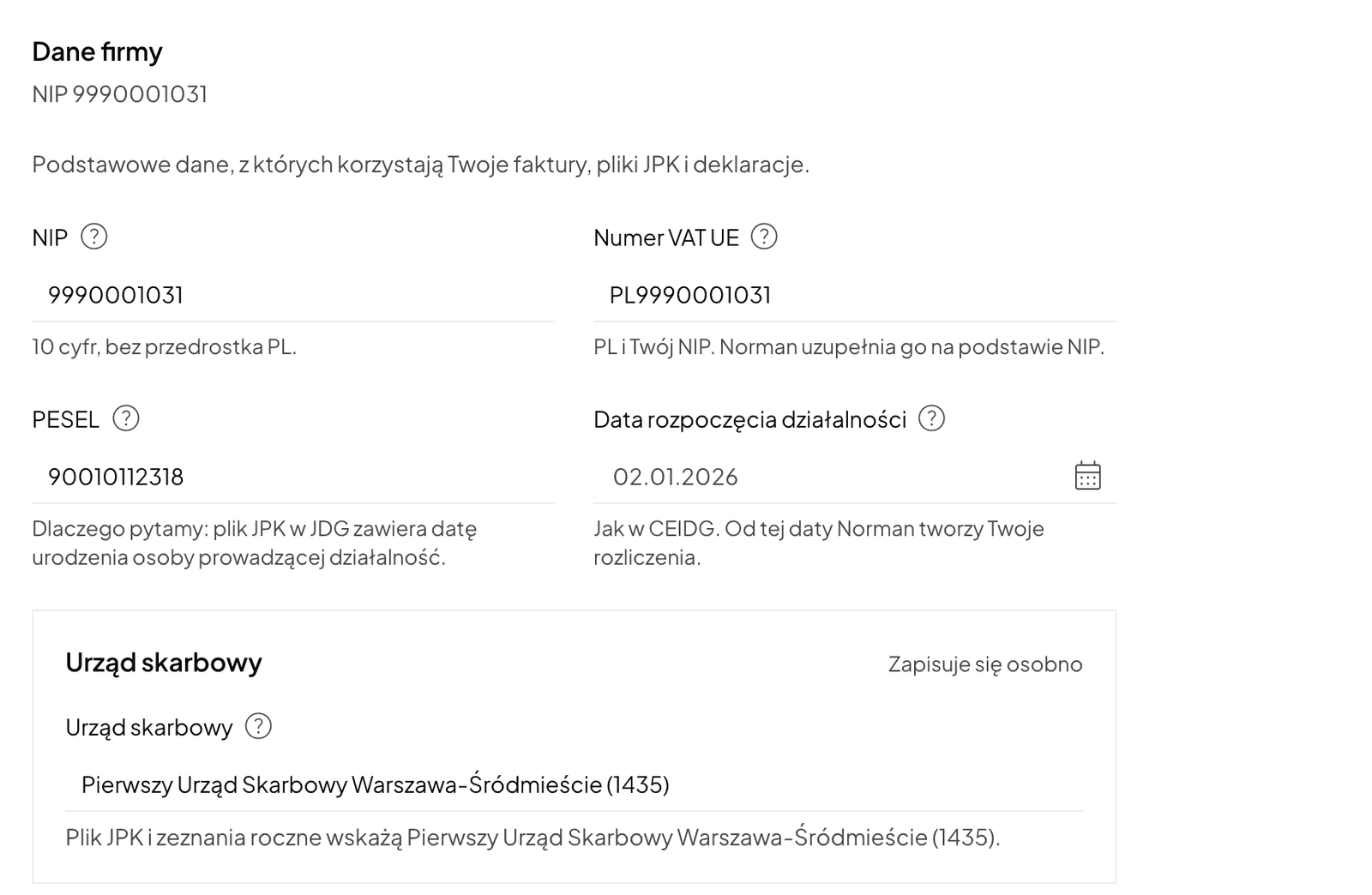 Раздел «Данные компании» в «Аккаунт», «Налоги»: NIP, номер VAT UE, PESEL, дата начала деятельности и выбранная налоговая