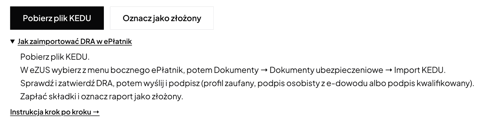 Кнопки «Завантажити файл KEDU» і «Позначити як поданий» та розгорнута підказка «Як імпортувати DRA в ePłatnik» із чотирма кроками