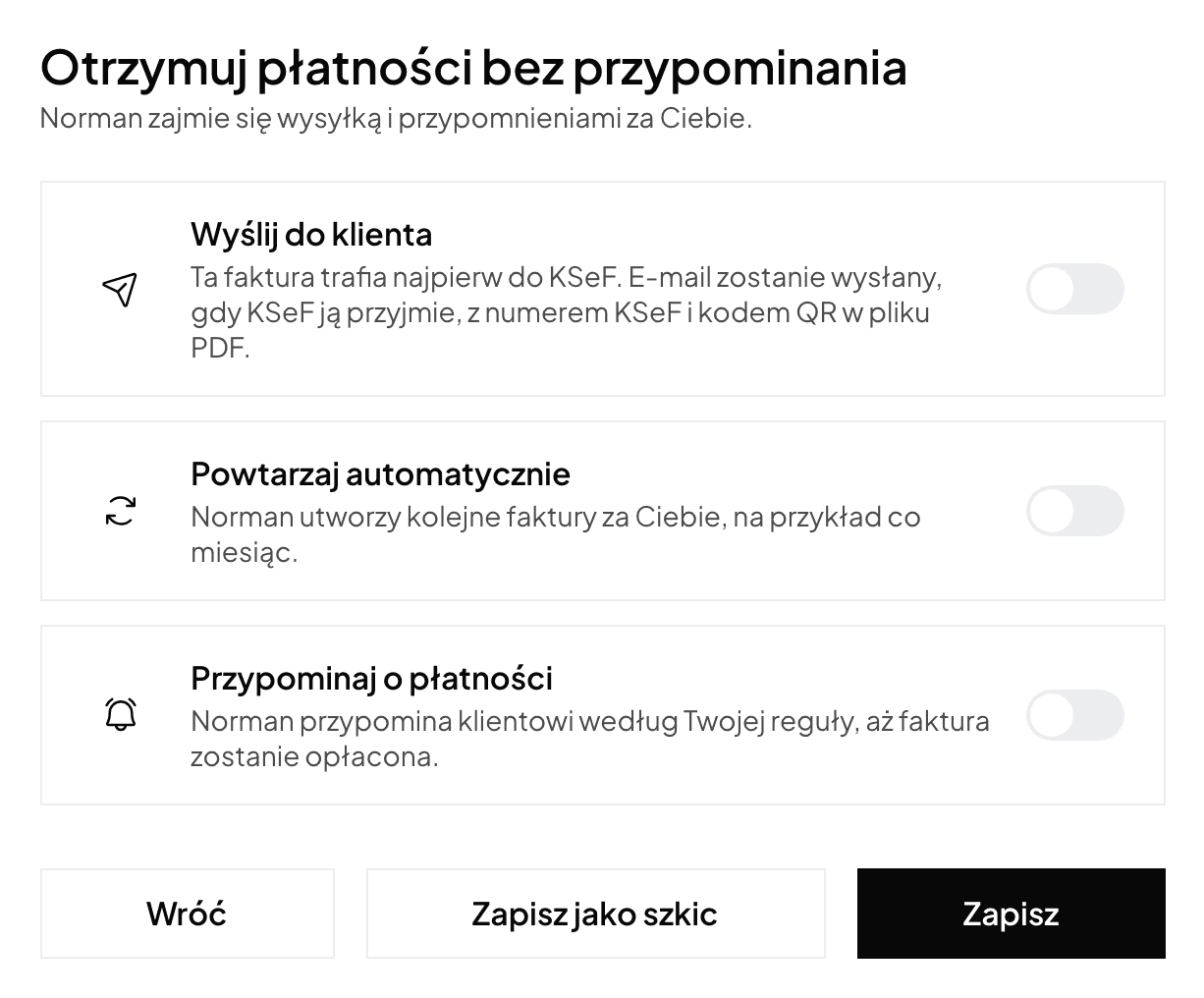 Последний шаг выставления счёта: опции «Отправить клиенту» с пояснением, что счёт сначала попадает в KSeF, «Повторять автоматически» и «Напоминать об оплате»