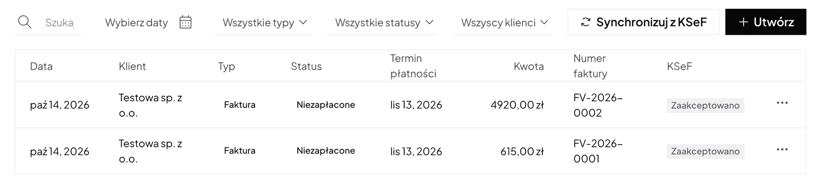 Список счетов в Norman с колонкой KSeF и статусом Zaakceptowano (принят) у двух счетов