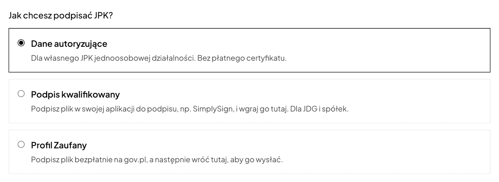 Выбор способа подписи JPK: данные для авторизации, квалифицированная электронная подпись и Profil Zaufany