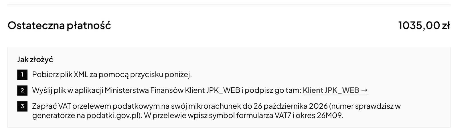 Отчёт JPK_V7M в Norman: окончательный платёж НДС и раздел «Как подать» из трёх шагов, от скачивания XML-файла до перевода на mikrorachunek