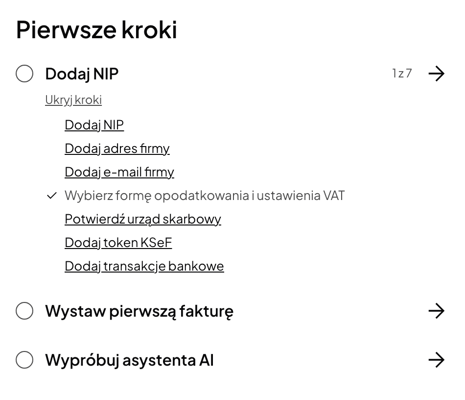 Перелік «Почніть роботу» на головній сторінці компанії: «Додайте NIP», адреса та e-mail компанії, форму оподаткування вибрано, податкова, токен KSeF і банківські транзакції