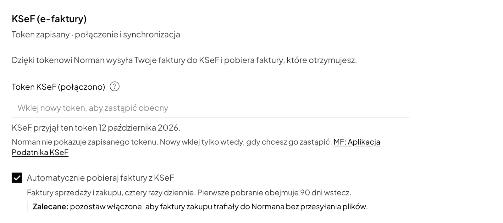 Розділ KSeF (e-faktury) в Акаунт, Податки з полем Token KSeF (połączono), повідомленням про те, що KSeF прийняв токен, та увімкненим автоматичним імпортом рахунків