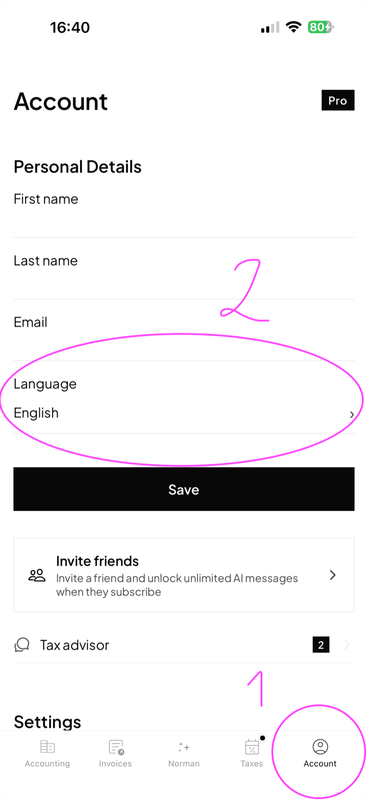 Der Account-Bereich der Norman-App mit dem Feld Language unter Personal Details, in der englischen Oberfläche