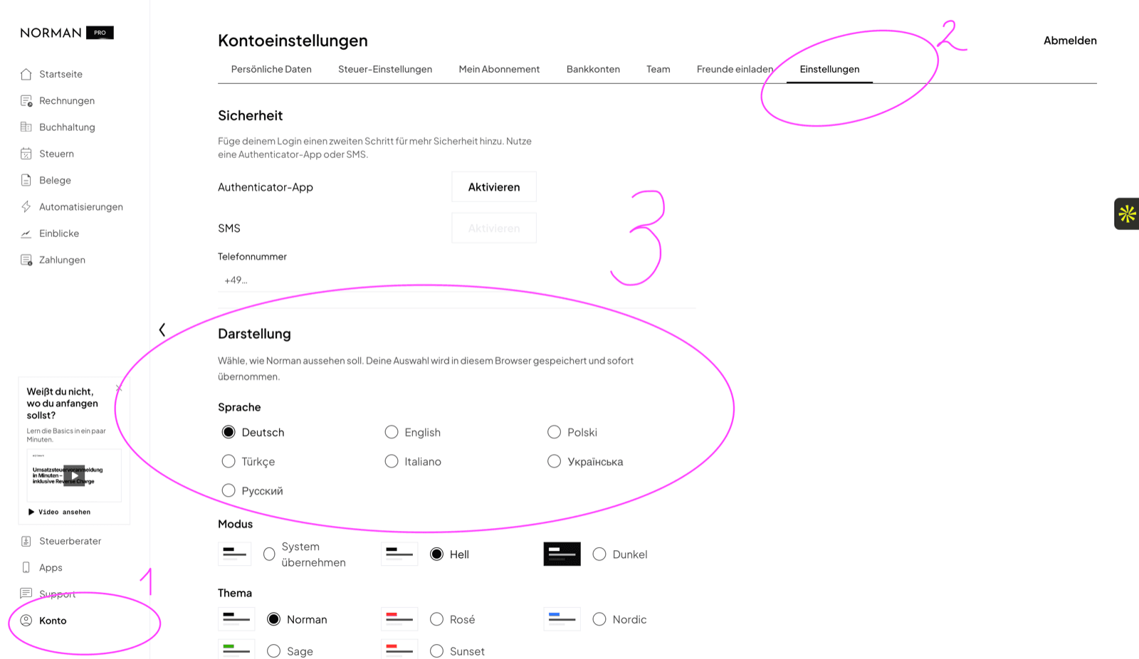 Account settings in Norman with the Settings tab and the language choice under Appearance, in the German interface