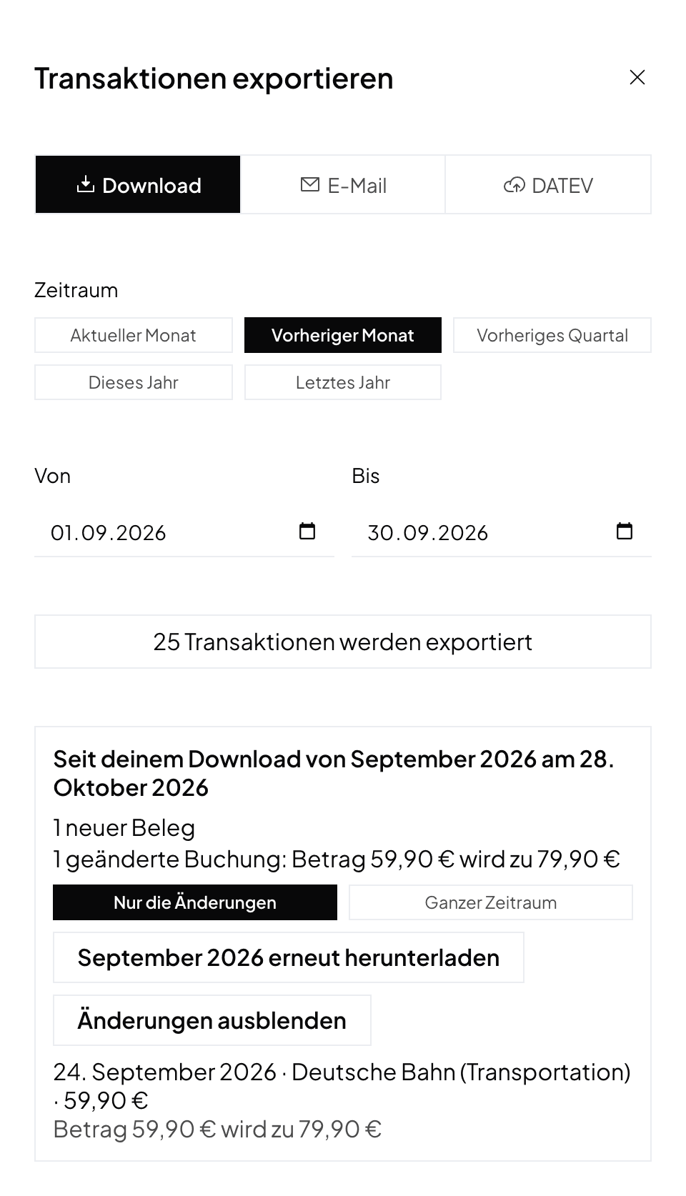 The export panel with the block Since your download of September 2026: 1 new document and 1 changed booking whose amount goes from 59.90 € to 79.90 €, with the choice between Only the changes and Whole period and the buttons Download September 2026 again and Hide the changes, in the German interface