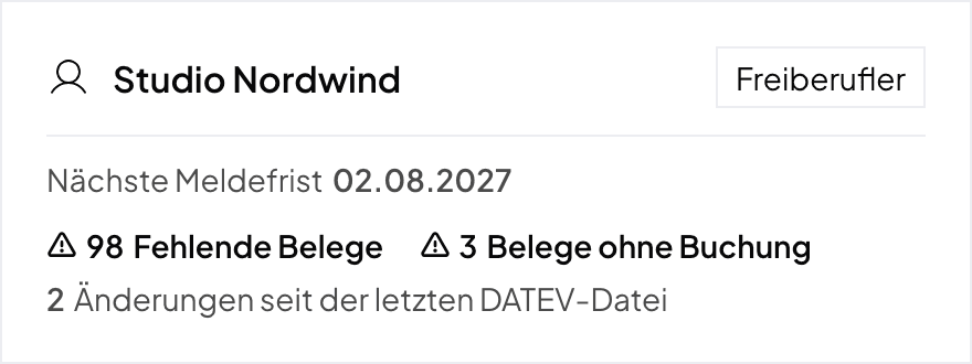 The card of the client Studio Nordwind in the client list with the line 2 changes since the last DATEV file, in the German interface