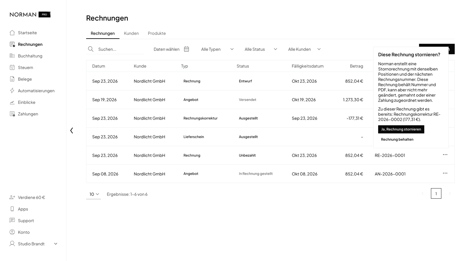 Invoice list in Norman with the question Diese Rechnung stornieren? (Cancel this invoice?) in the menu of an invoice, the hint about the existing credit note and the buttons Ja, Rechnung stornieren and Rechnung behalten, in the German interface