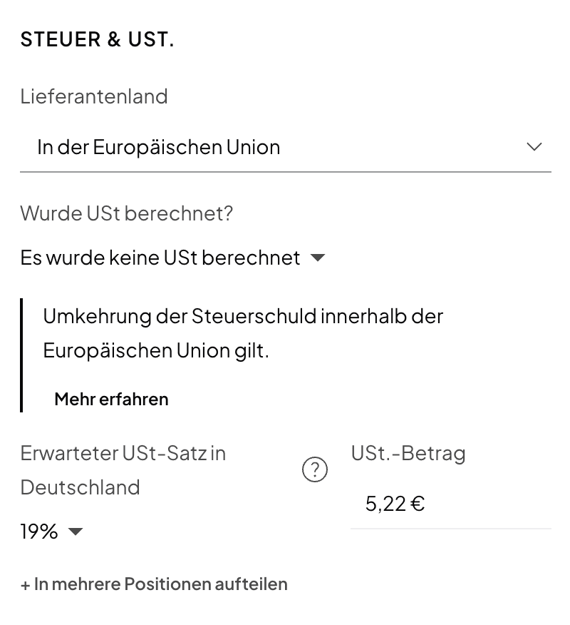 The Tax and VAT section of an expense with the supplier country in the EU, no VAT charged, and the reverse-charge note, in the German interface