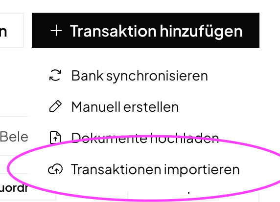 Norman menu with the Import transactions option highlighted in the German interface