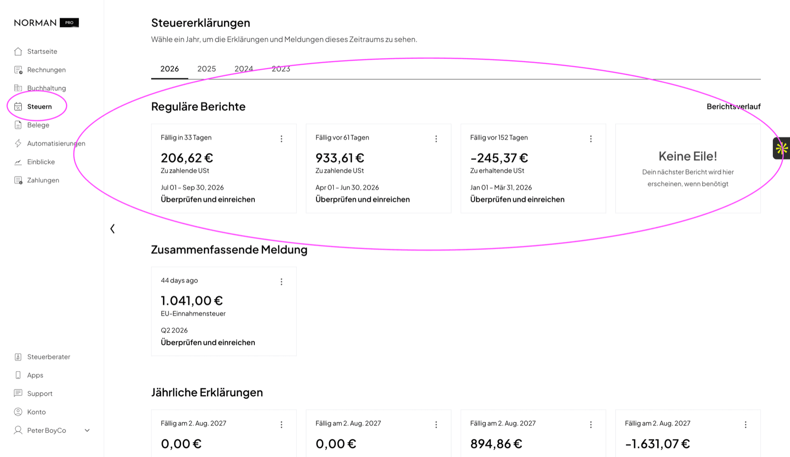 The Taxes page in Norman with the cards of the regular reports, in the German interface