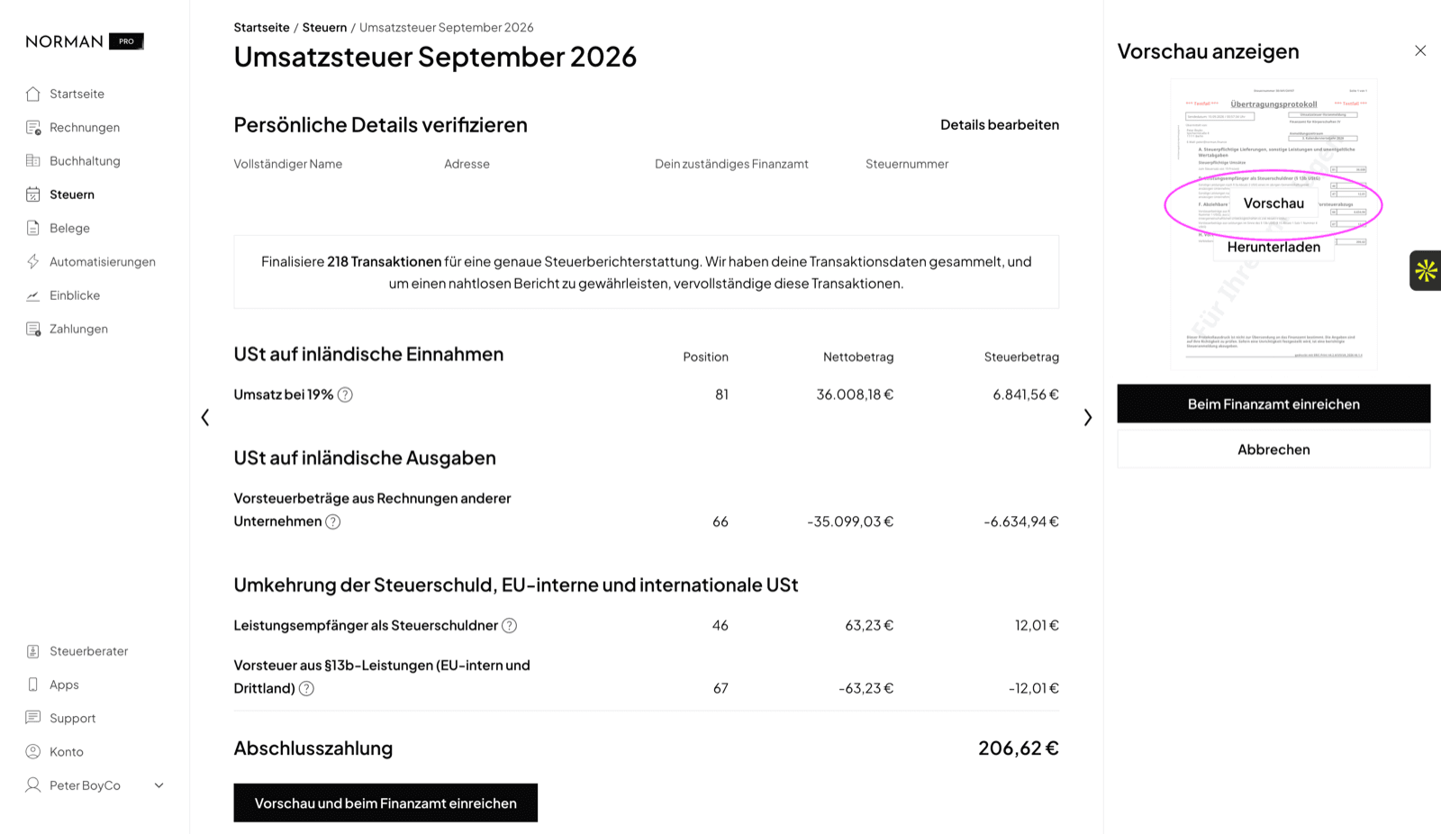 The UStVA report in Norman with the preview open and the actions Preview and Download, in the German interface