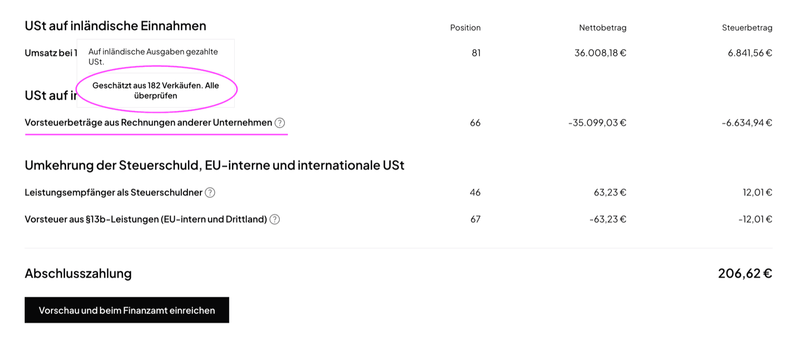 One line of the UStVA report with the hint open and the link Review all, in the German interface