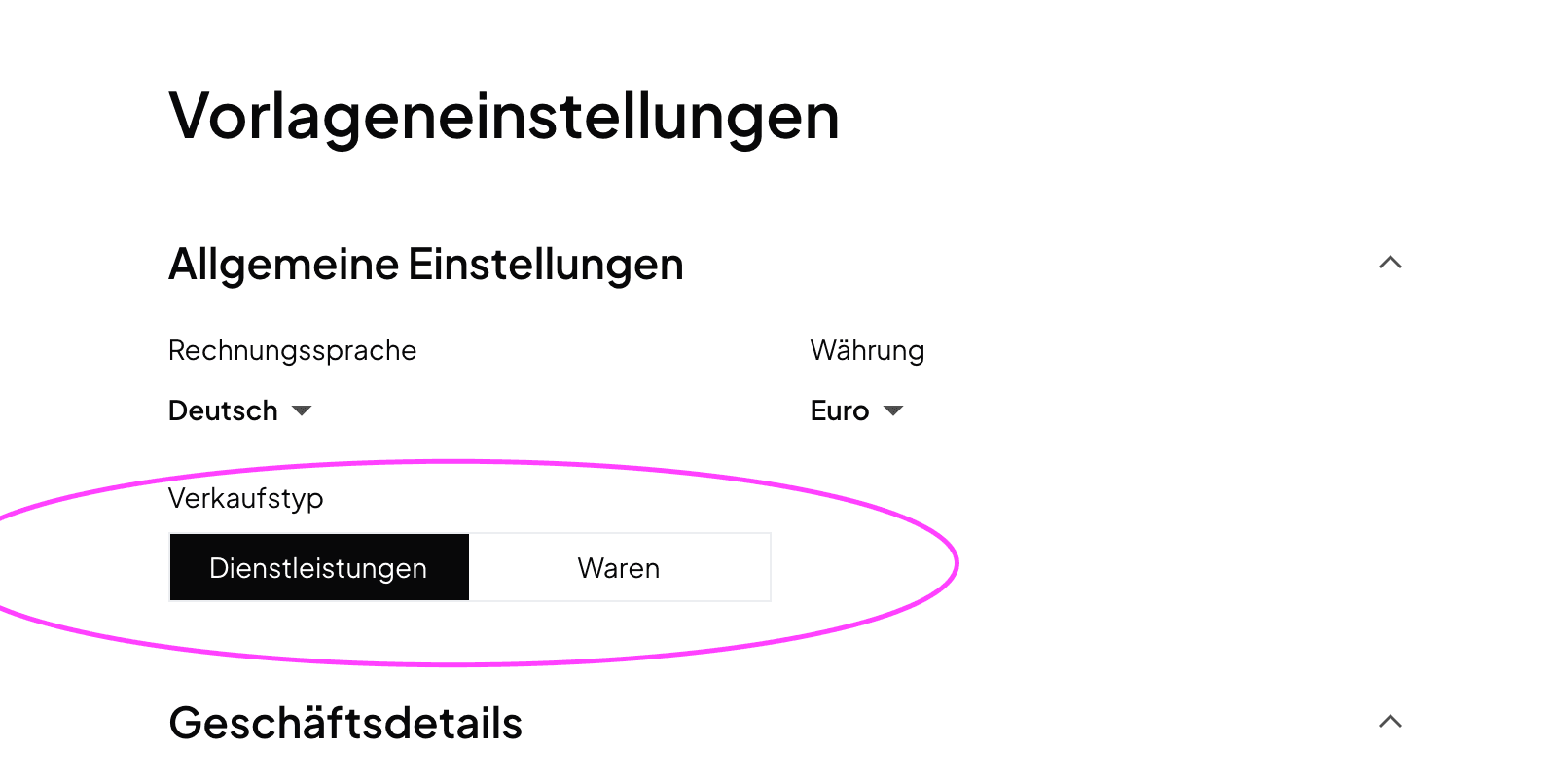 Norman template settings with the German options for services and products