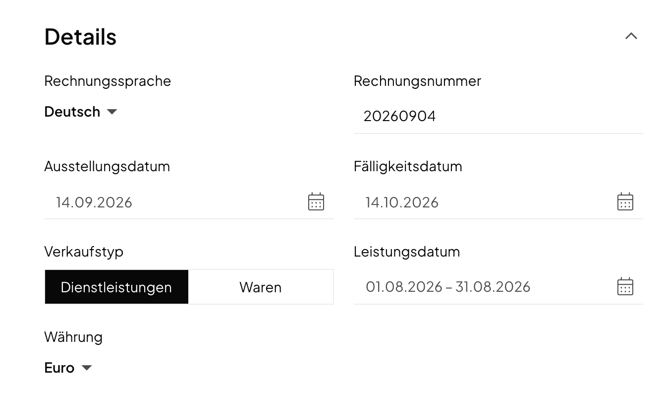 Vorlageneinstellungen in Norman mit der Auswahl Dienstleistungen oder Waren